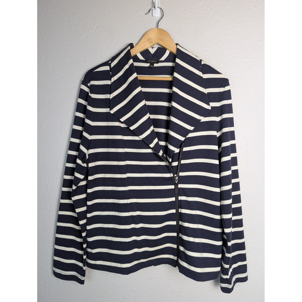 Talbots Blazer Womens XL Blue‎ Striped Collared Full Zip Front Knit Short